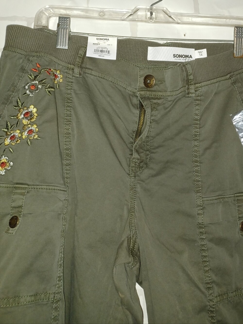 NWT New Gorgeous Sonoma Size 14 Olive Capris With Embroidered Floral Design - Picture 10 of 10